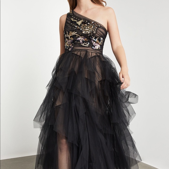 bcbg embroidered one shoulder gown